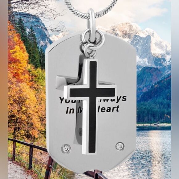 Dog Tag Cross urn cremation necklace - Picture 1 of 7